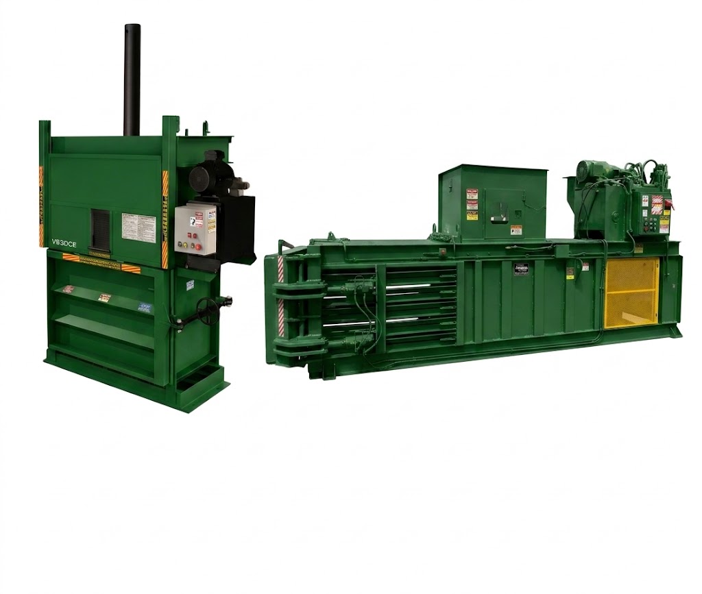 A vertical cardboard baler beside a horizontal baler