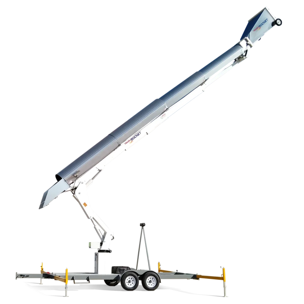 Trash Rocket TR-5000 debris chute raised on its tandem-axle trailer with the outriggers down