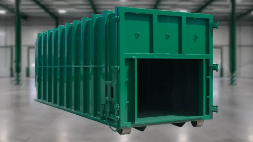 Rectangular packer receiver box with its compactor end open, in a warehouse