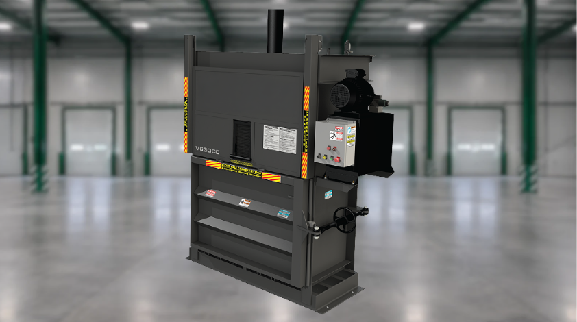 Vertical cardboard baler in a warehouse