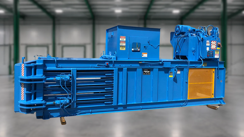 Horizontal cardboard baler in a warehouse
