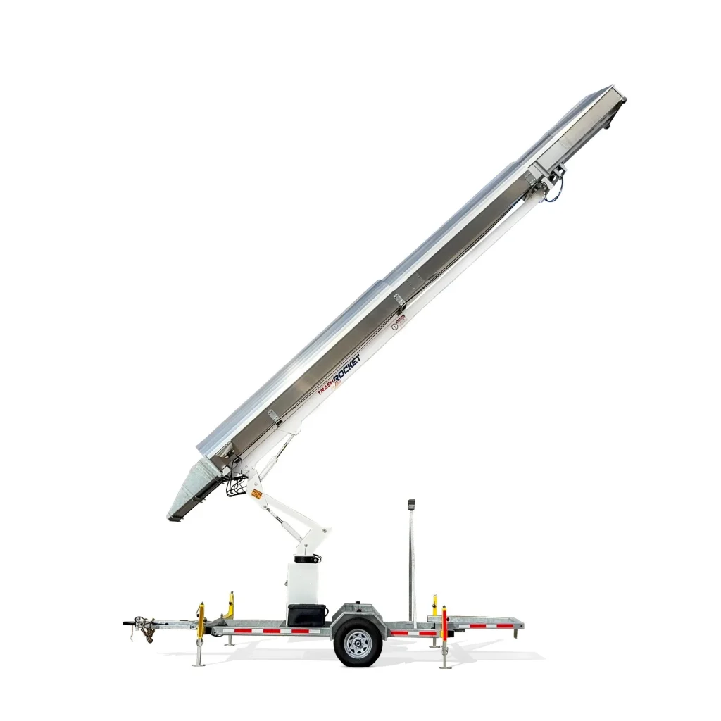 Trash Rocket TR-3600 debris chute raised on its single-axle trailer with the outriggers down
