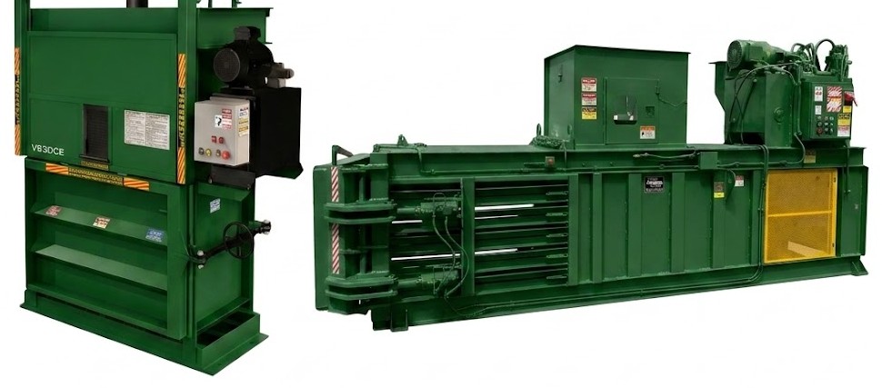 A vertical cardboard baler beside a horizontal baler