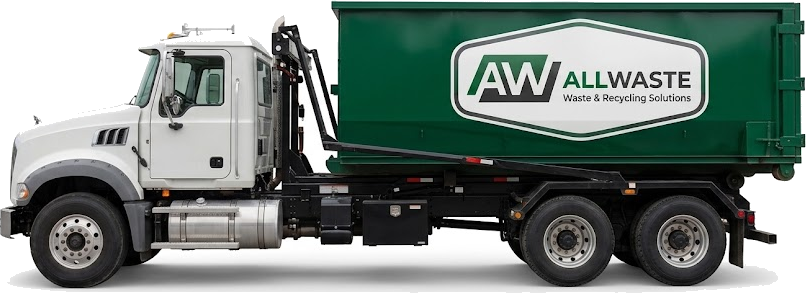 All Waste roll-off truck carrying a branded roll-off container