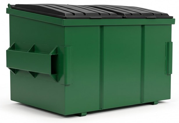 Green front-load commercial dumpster with a lid