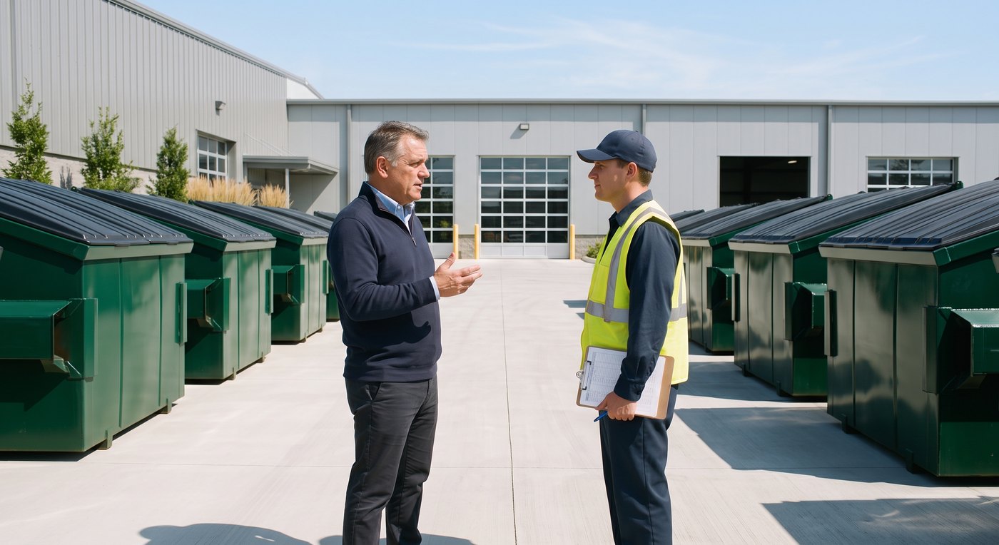 Two workers in high-visibility vests talking beside green commercial containers in a yard