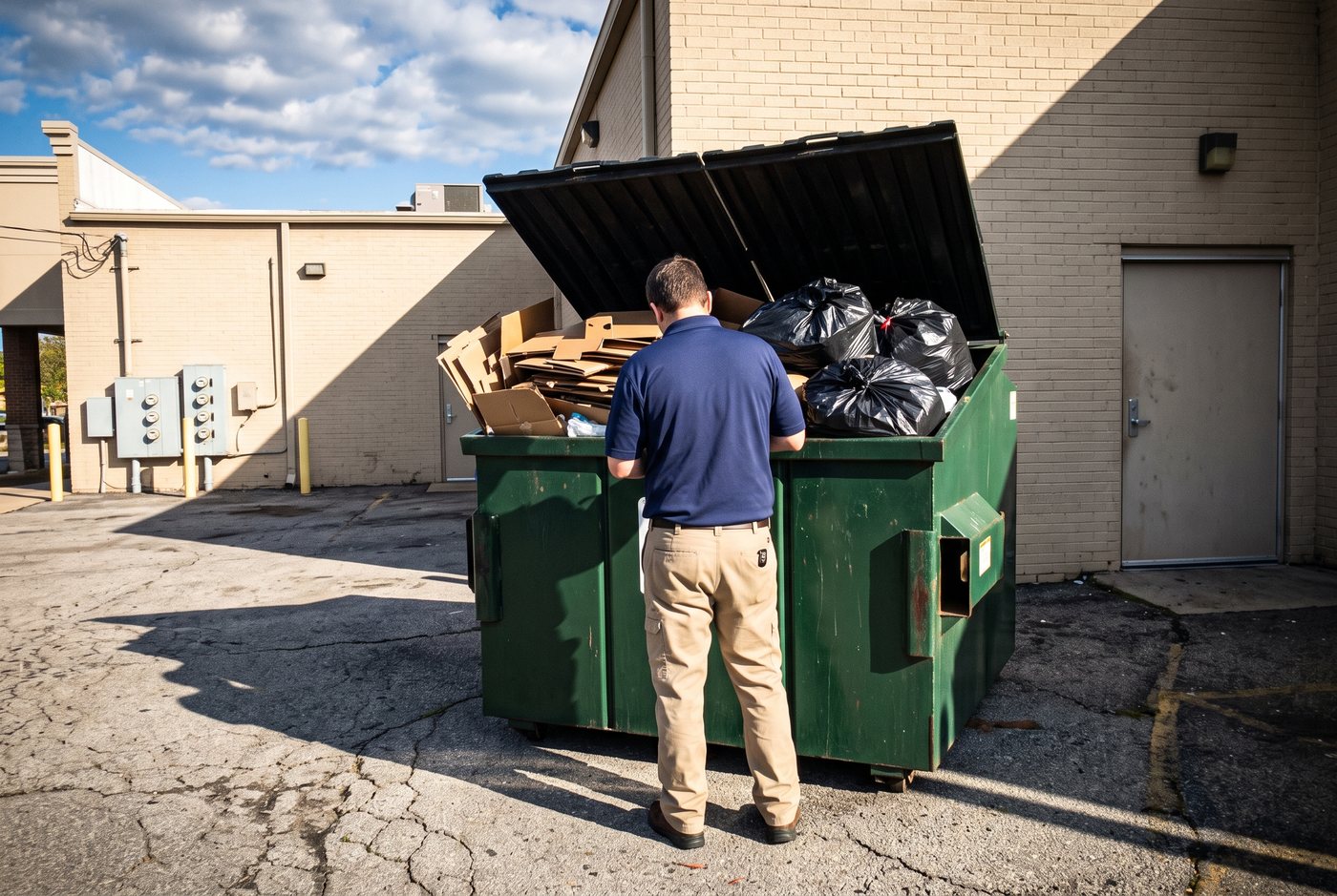 A man looking into an overfilled green front-load dumpster behind a building