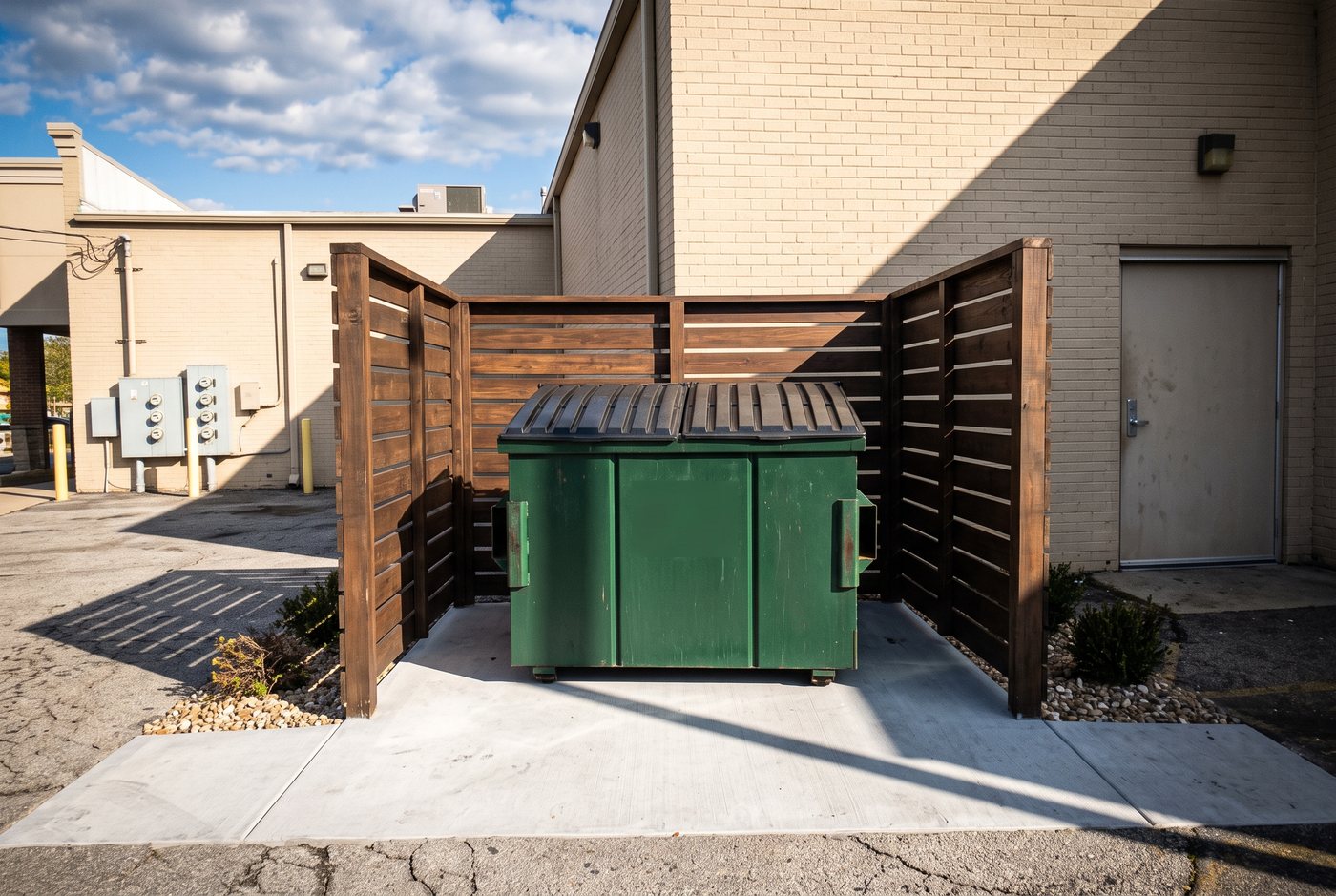A green front-load dumpster set up inside a screened enclosure at a commercial building