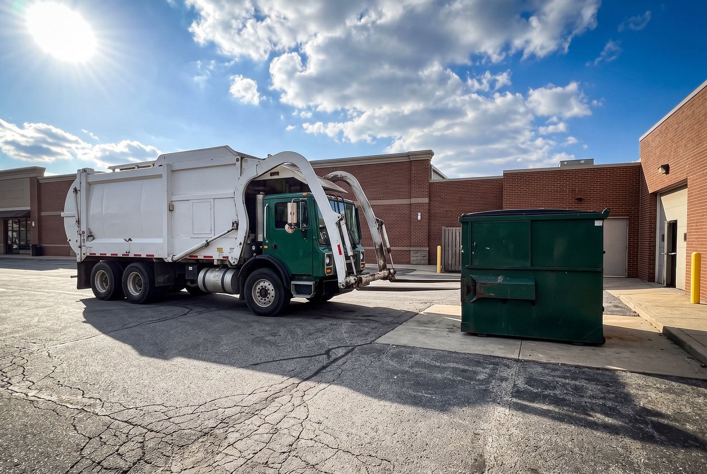 A front load truck emptying a green commercial dumpster at a building