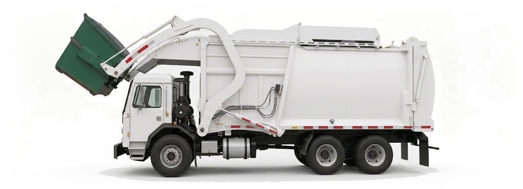 Front load truck lifting a green commercial dumpster over the cab