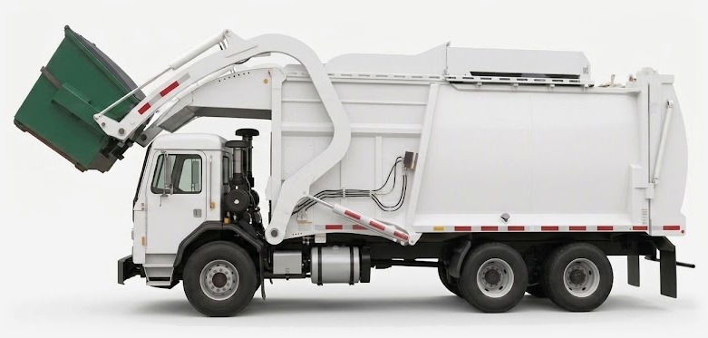 Front load truck lifting a green commercial dumpster over the cab