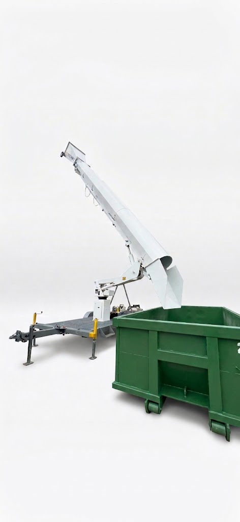 Trash Rocket debris chute feeding a roll-off container
