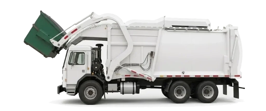 Commercial waste pickup truck lifting a front load dumpster