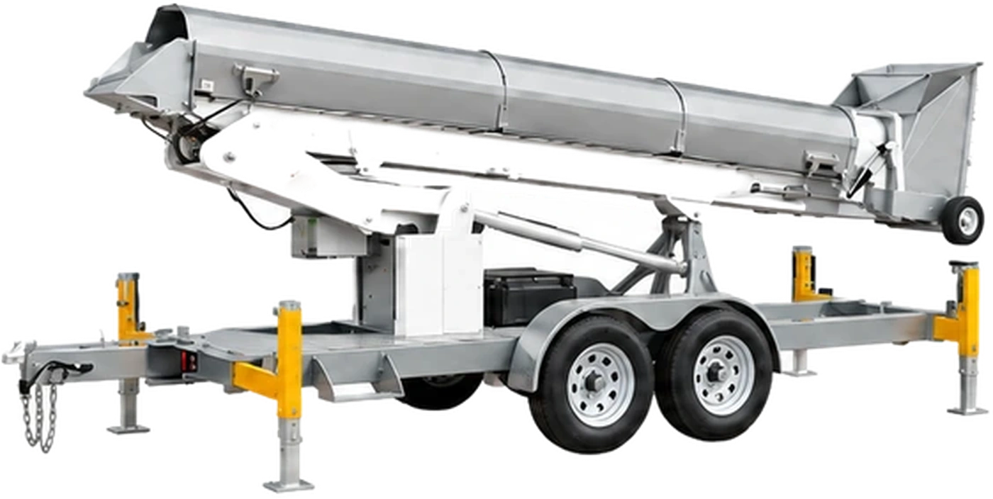 A Trash Rocket debris chute folded down on its trailer, ready to tow