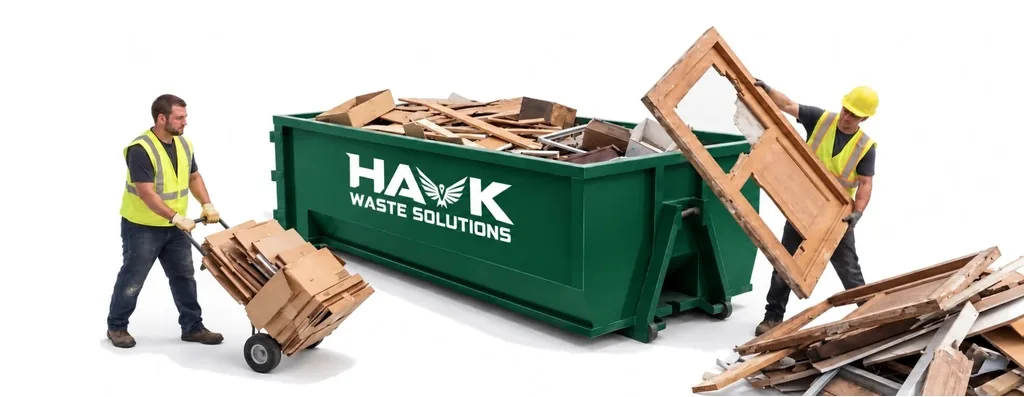 Two workers loading demolition debris into a roll-off container