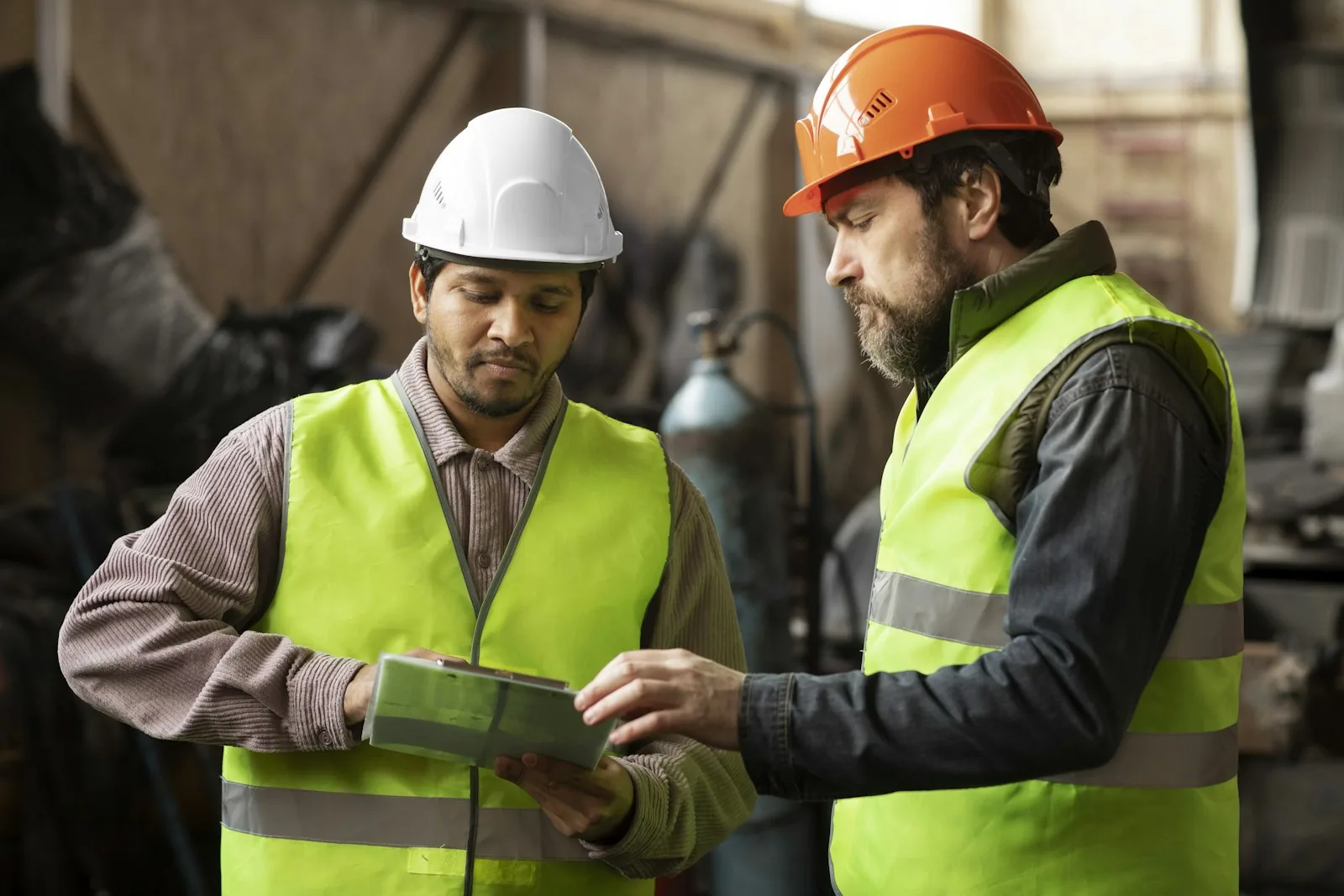 Two waste industry workers in high visibility vests and hard hats reviewing figures together