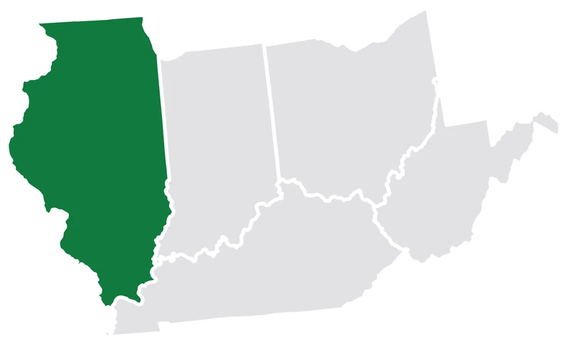 Map of Ohio, Kentucky, Indiana, Illinois and West Virginia with Illinois highlighted in green