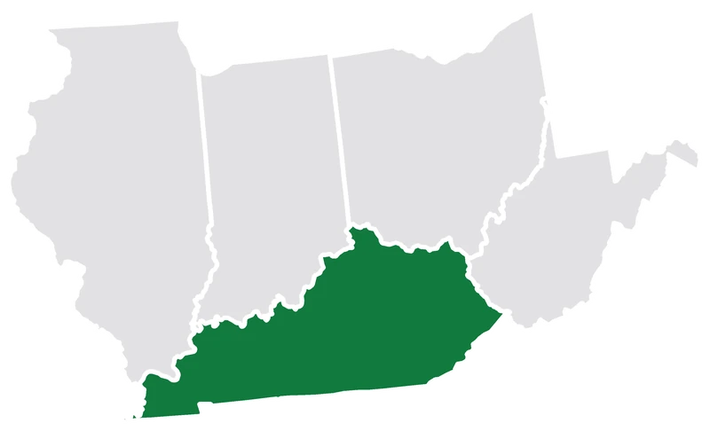 Map of Ohio, Kentucky, Indiana, Illinois and West Virginia with Kentucky highlighted in green
