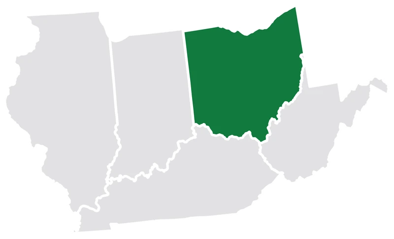 Map of Ohio, Kentucky, Indiana, Illinois and West Virginia with Ohio highlighted in green