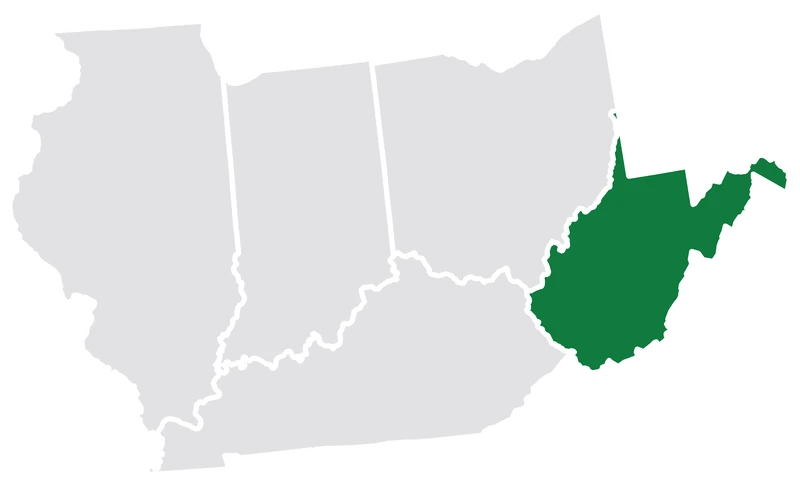 Map of Ohio, Kentucky, Indiana, Illinois and West Virginia with West Virginia highlighted in green
